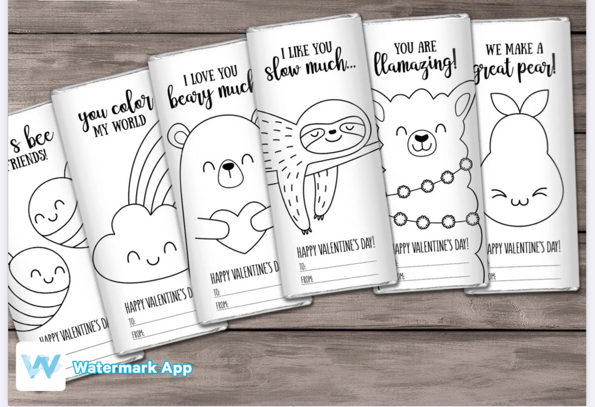 Valentines colour your own set of 6 chocolate bar wrapper