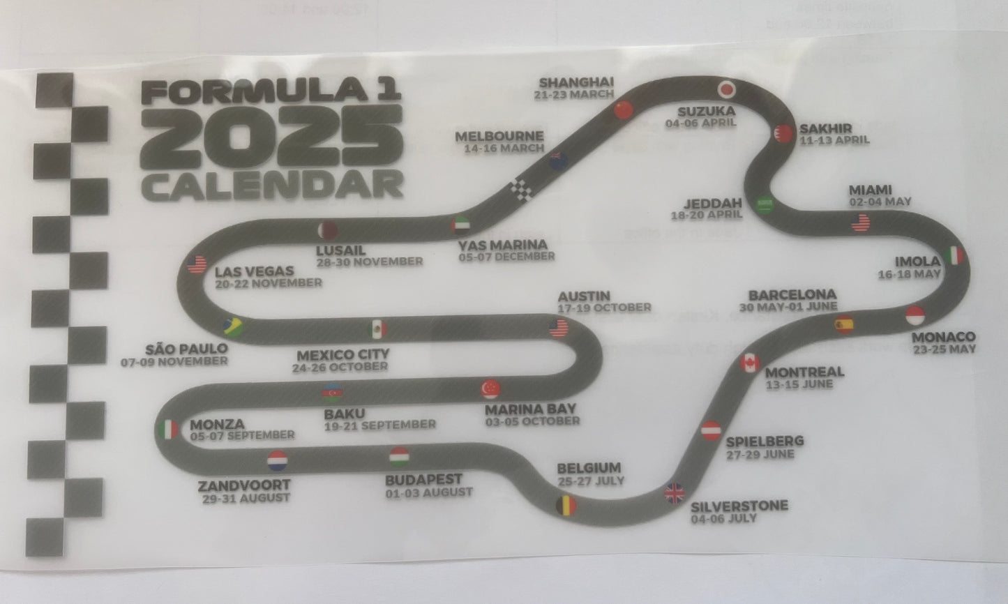 Formula 1 season calendar DTF transfer POD