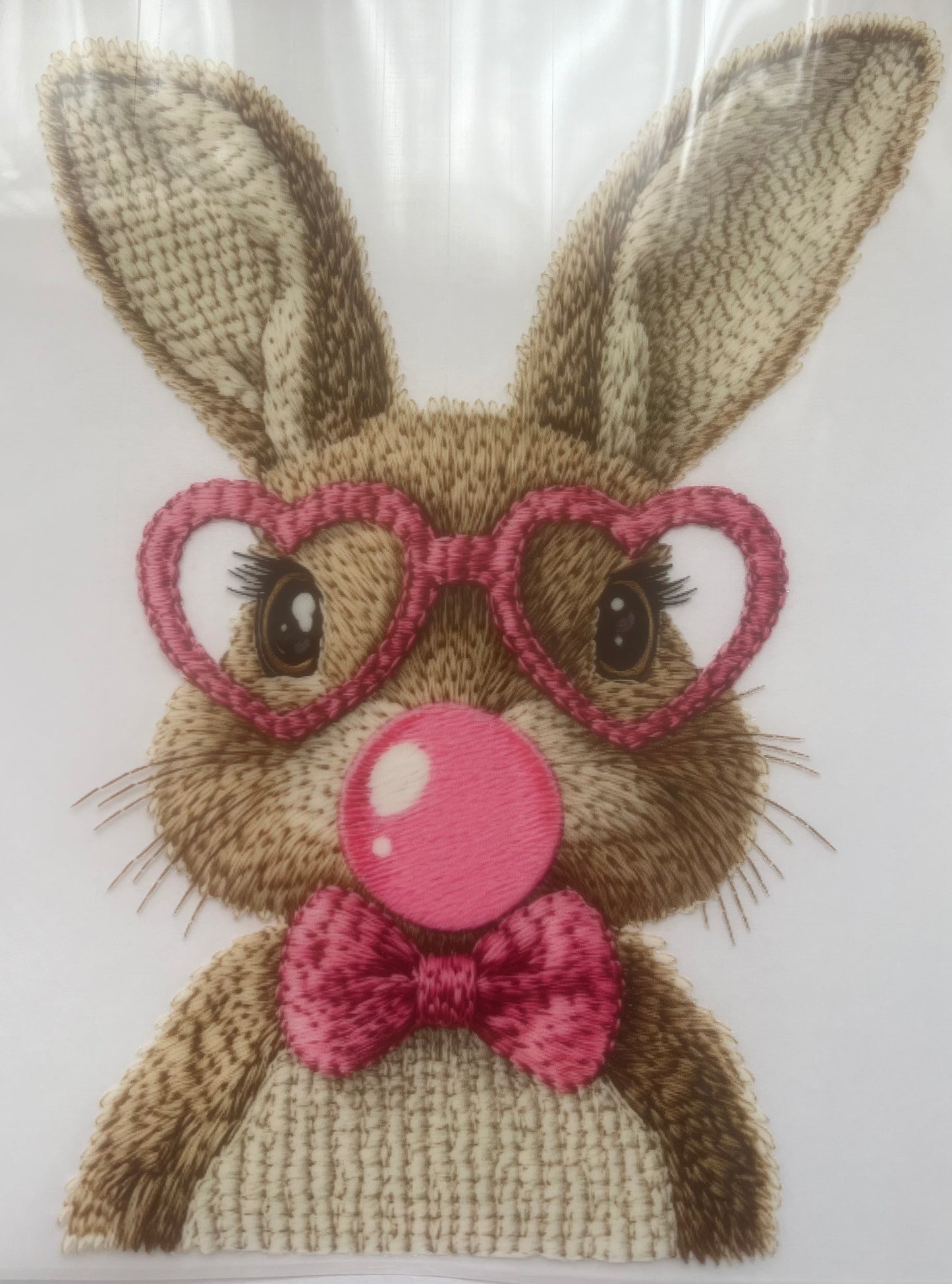 Faux embroidery pink heart glasses bunny DTF transfer POD