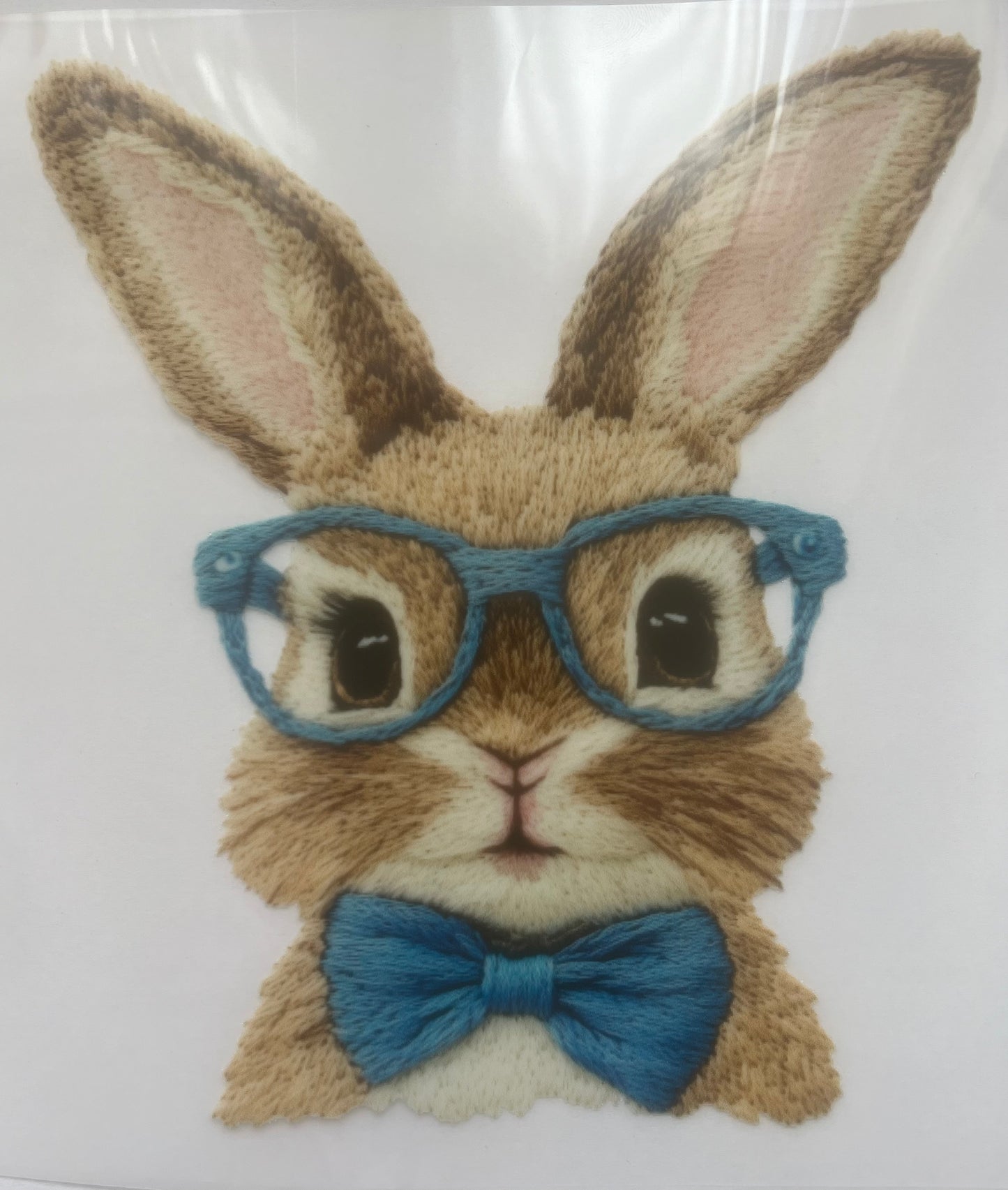 Faux embroidery blue bow and glasses bunny DTF transfer POD
