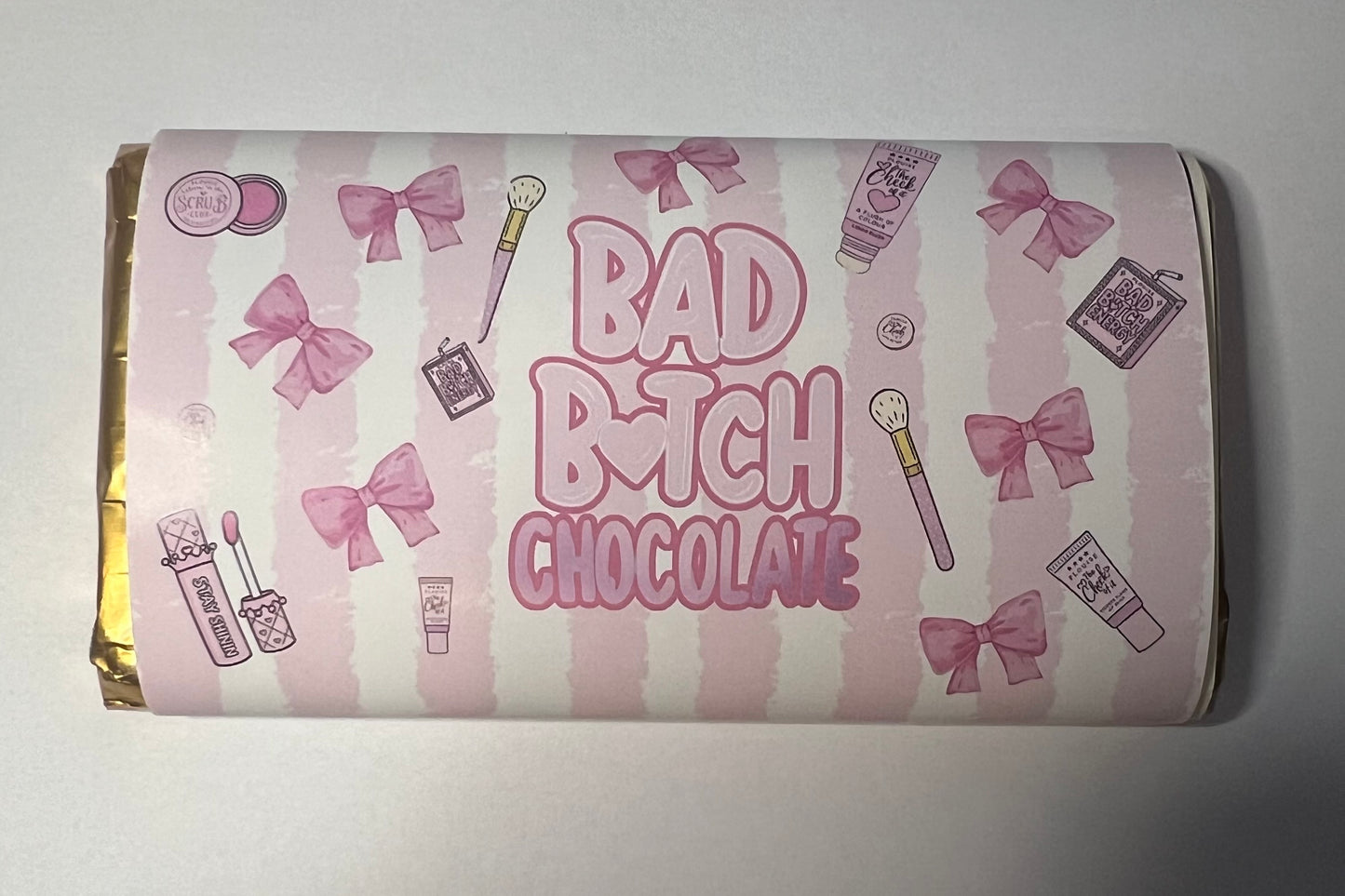 plouise bad bitch chocolate, make up style chocolate bar wrapper