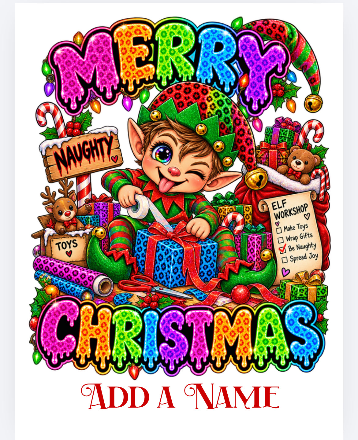 Christmas sack brightly coloured  DTF with personalised option  (POD) exclusive