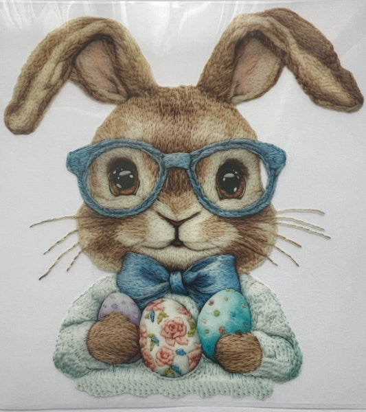 Faux embroidery blue  glasses bunny with eggs DTF transfer POD