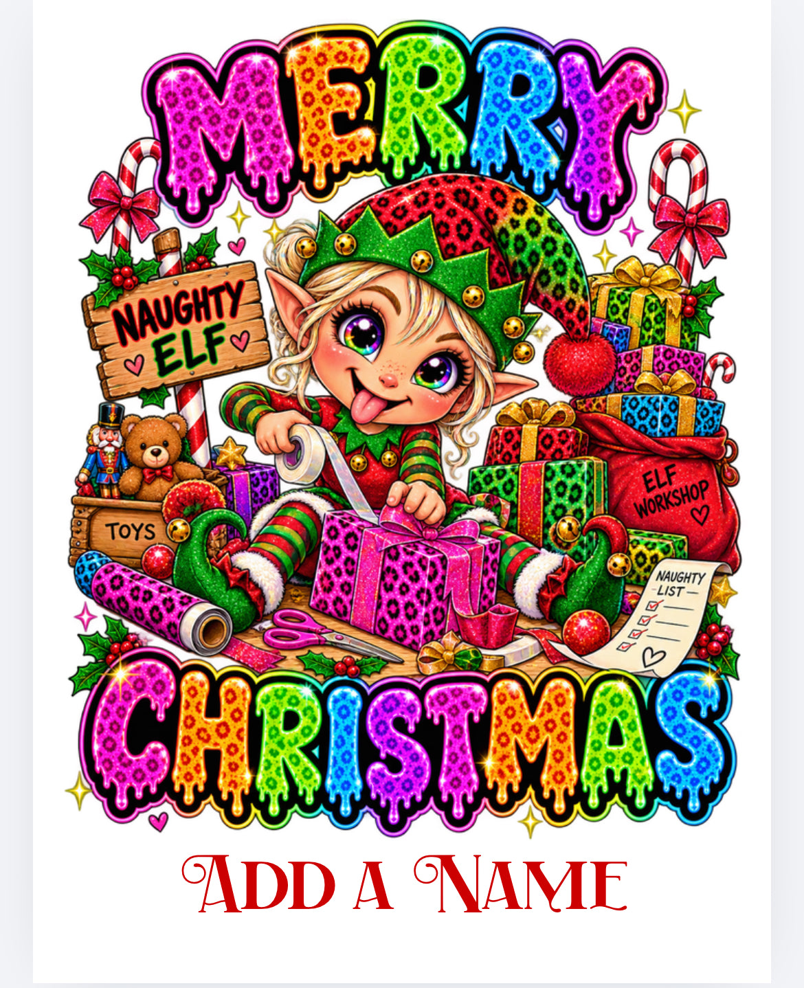 Christmas sack brightly coloured  DTF with personalised option  (POD) exclusive