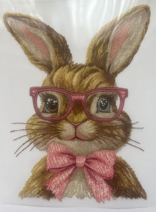 Faux embroidery dual eye colour pink bunny DTF transfer POD